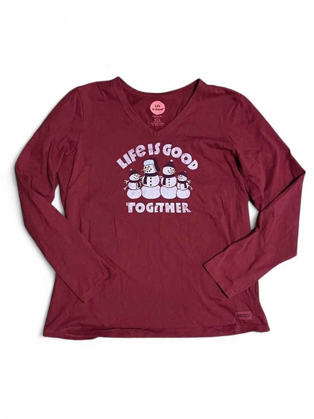 Life Is Good Women's Long Sleeve V-Neck Tee - Burgundy with Snowman Graphic